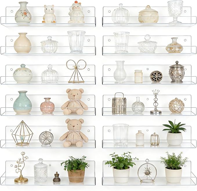 Acrylic Floating Shelves, 15.7 Inch Clear Wall Mounted Display Ledge, Invisible Bookshelf for Nursery, Makeup Organizer, Vinyl Records, 2-16 Pack (6)