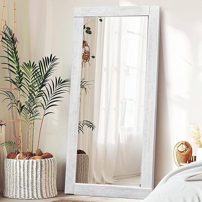 Full Length Mirror 71"x32" – Solid Wood Frame, HD Tempered Glass, Wall Mounted & Leaning, Rustic Modern Decor for Bedroom, Living Room, Entryway, White
