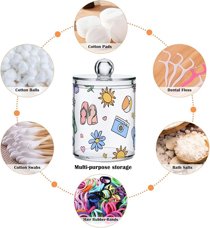 2 Pack Apothecary Jars Charming Summer Beach Art Bathroom Vanity Storage Organizer Set,Small Clear Plastic Storage Jars Bathroom Canister for Cotton Swabs, Rounds, Balls, Qtips,Makeup Sponges,