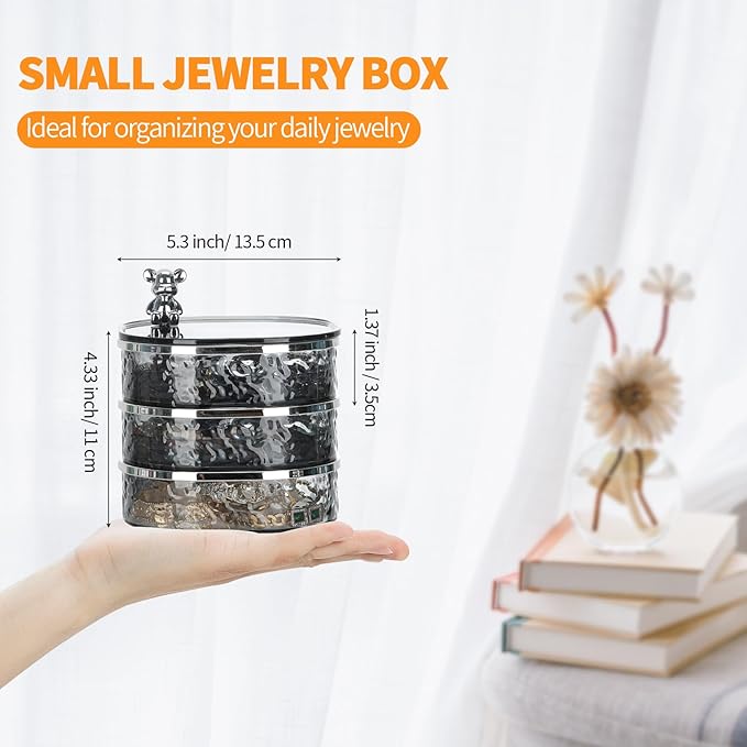 LETURE 3-Layers Rotatable Jewelry Organizer Storage Box, Clear Ripple Jewelry Holder Case for Ring Earring Necklaces Bracelets Makeup Hair Accessories, Small Rotating Jewelry Tray for Women (Grey)