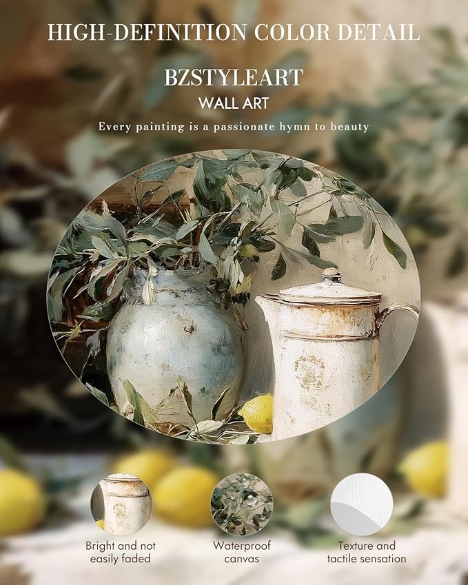 Bzstyleart Vintage Wall Art Decor for Living Room, Gold Framed Canvas Wall Art Home Decor Aesthetic, Lemon Pottery Jar Artwork Prints, Canvas Picture Print Artwork, 12 x 16 Inch