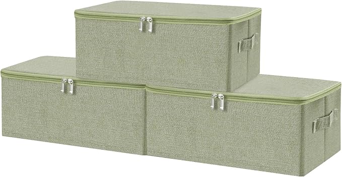 ANMINY 3PCS Storage Bins with Zipper Lids 13 Qt Lidded Fabric Storage Boxes Baskets Cubes with Handles Collapsible Washable Cotton Linen Closet Shelf Clothes Organizer Containers - Green, Small