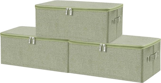 ANMINY 3PCS Storage Bins with Zipper Lids 13 Qt Lidded Fabric Storage Boxes Baskets Cubes with Handles Collapsible Washable Cotton Linen Closet Shelf Clothes Organizer Containers - Green, Small