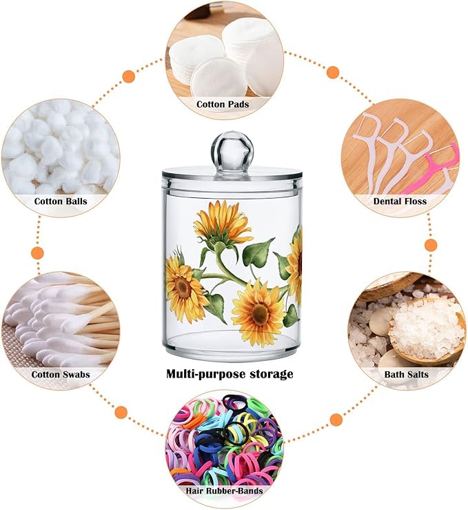 2 Pack Qtip Holder Dispenser for Cotton Ball Sunflower Wreath Cotton Swab Round Pads Clear Plastic Acrylic Jar Set Bathroom Canister