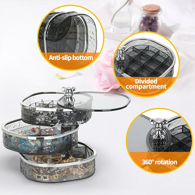 LETURE 3-Layers Rotatable Jewelry Organizer Storage Box, Clear Ripple Jewelry Holder Case for Ring Earring Necklaces Bracelets Makeup Hair Accessories, Small Rotating Jewelry Tray for Women (Grey)