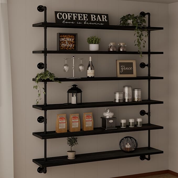 HDDFER 48 Inch Pipe Shelf Floating Shelves for Wall Shelves Bookshelf Industrial Pipe Shelving Real Wood Planks Rustic Hanging Shelves Farmhouse Kitchen Bar Shelving Black