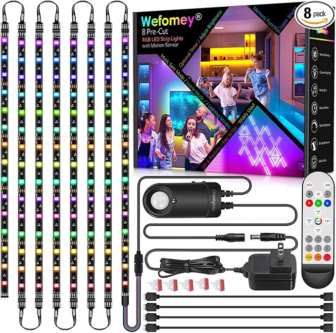 8 PCS RGB Under Cabinet Lighting Kit, 12v Motion Sensor LED Light Strip with Remote, ETL Listed Power Adapter, Music Sync Color Changing Led Lights for Shelves, Cabinet, Counter, Bookcase, 13ft