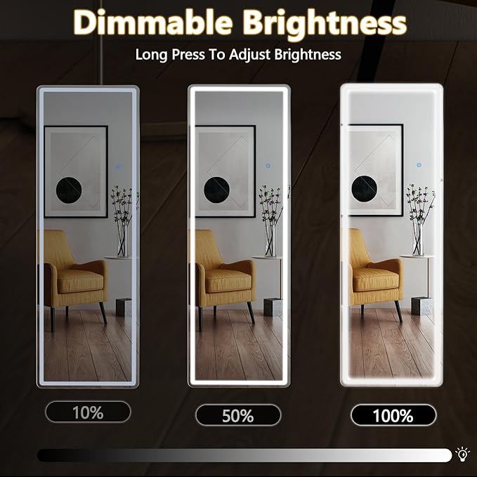 Sweetcrispy LED Full Length Mirror with Stand, 60"x16" Lighted Floor Body Mirror with Dimming & 3 Color Lighting, Hanging or Leaning, Floor Standing for Bedroom, Dressing Room