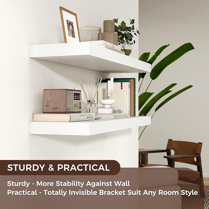 Venusmiles Floating Shelves for Wall, Engineered Wood Wall Shelves with Invisible Brackets for Living Room Bedroom Bathroom Office Kitchen Decor and Storage (White, 36" W x 9" D x 1.5" H) Set of 2