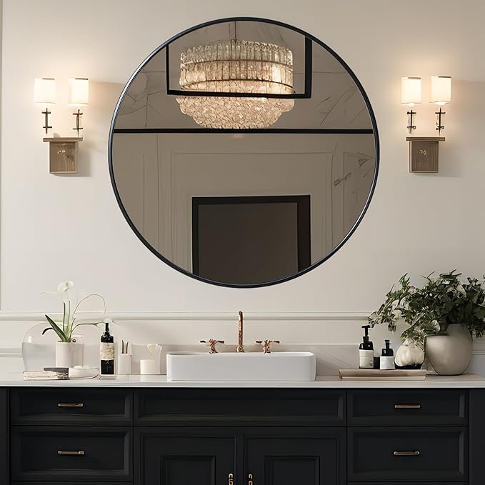 Growsun 42'' Large Round Mirror Bathroom Mirror for Wall, Metal Frame Round Mirror for Fireplace Living Room Wall Decor, Black Frame