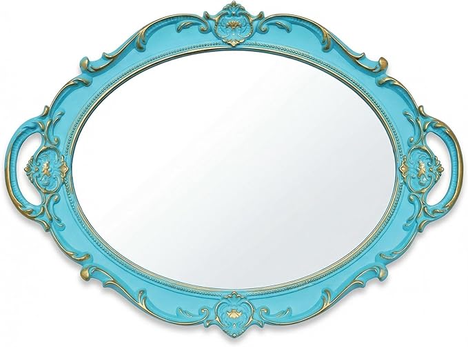 Schones Geschaft Decorative Mirror Tray, Makeup Jewelry Perfume Organizer，Vintage Oval Display and Serving Tray for Bedroom Living-Room Dresser Decor (14.4”x 9.8”) (Blue - Oval)