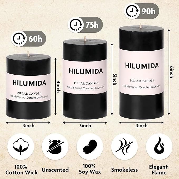 Black Pillar Candles Set of 3, Black Candles for Punk Decorations, Width 3" High 4" 5" 6" Unscented Smokeless Soy Wax Candle, Suitable for Gothic, Industrial, Minimalist and Dark Style Candle