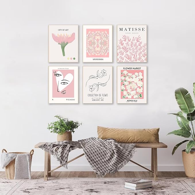 Pink Flower Market Poster, Minimalist Matisse Wall Art Prints, Abstract Floral Flower Posters for Room Aesthetic, Boho Canvas Art Prints for Bedroom, Vintage Gallery Paintings Wall Decor（8x10inch, Unframed)