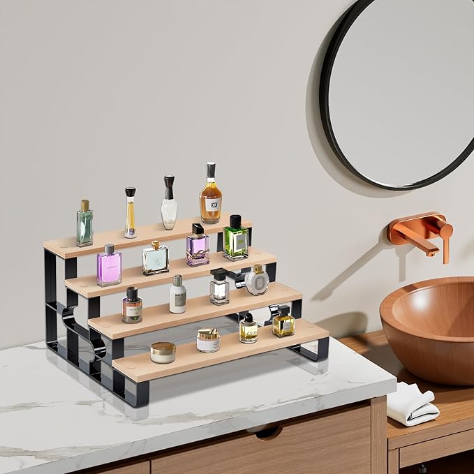 Cologne Organizer for Men,Bathroom Countertop Organizer,4 Tier Makeup Organizers for Bathroom Decor,Spice Rack for Kitchen,Perfume Stand,Display Shelf (Brown,Width=11.2")