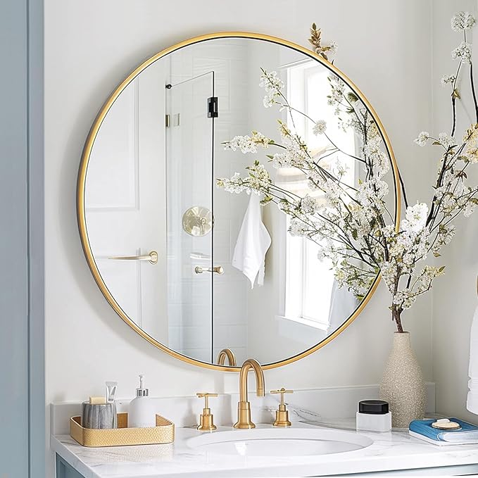 Sunniry Gold Round Mirror, 24 inch Circle Mirror, Gold Metal Frame Bathroom Mirrors, Round Wall Mounted Mirrors for Bathroom, Hallway, Living Room, Bedroom.