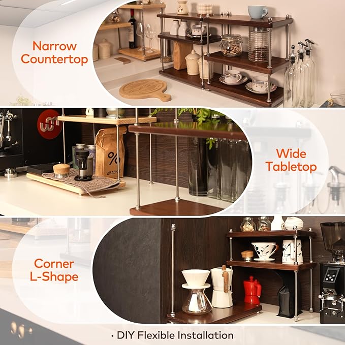 Ultra-Thick 24mm Solid Wood Coffee Station Organizer&Spice Rack for Kitchen Countertop, Corner Industrial 3-Tier Adjustable Shelf with 10mm 304 Thread Rods for Espresso Gear, Walnut Finish
