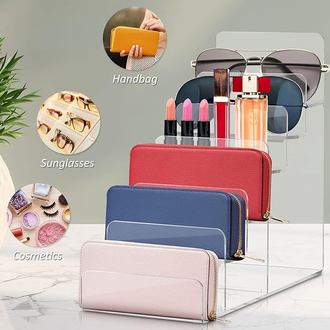 DOITOOL 6-Tier Wallet Display Stand Acrylic Shelf Riser Purse Greeting Card Display Stand Clear Jewelry Riser Perfume Sunglasses Handbag Organizer Rack