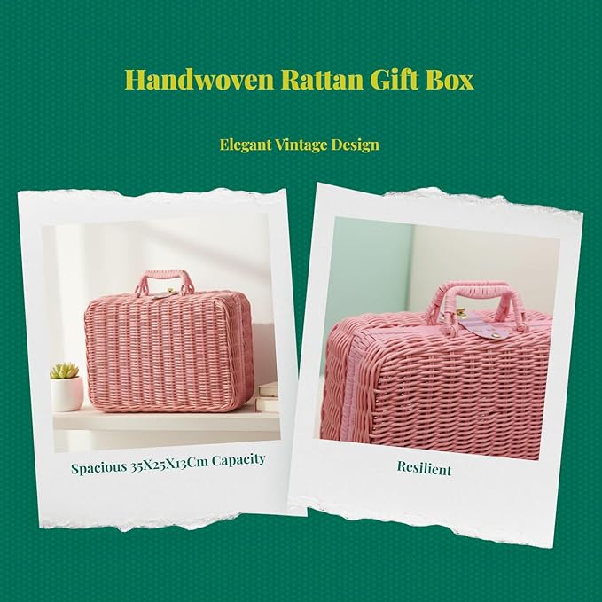Handwoven Rattan Storage Basket with Handles, Vintage Decorative Suitcase Box for Gift Packaging, Home Organization, Photography Prop, Multipurpose Large Capacity