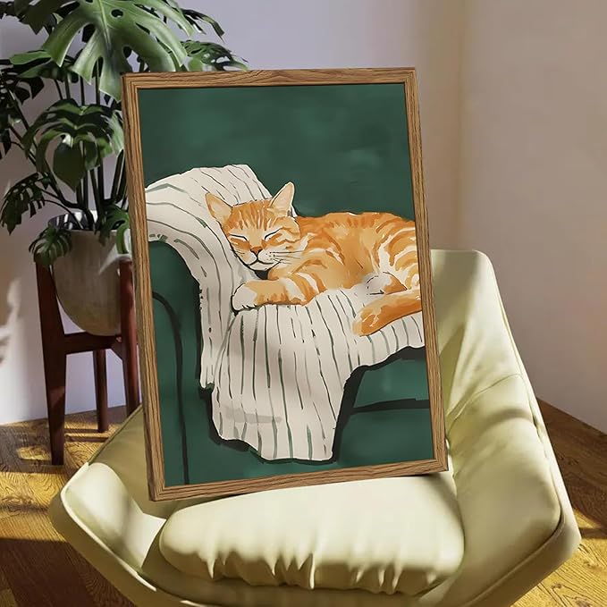 Funny Cat Wall Art Cute Cat Sleeping on Couch Wall Decor Painting Orange Pet Kitty Portrait Pictures Prints Contemporary Animal Canvas Artwork for Bedroom Living Room 16x24 inch Wood Framed