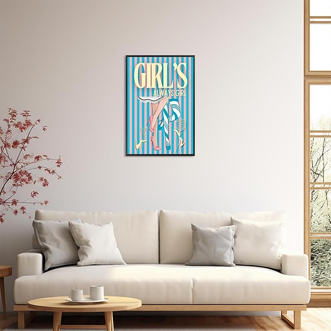 Trendy Always Girls High Heels Poster Funny Cocktail Disco Ball Canvas Wall Art Preppy Blue And Pink Stripes Feminine Girly Prints Painting For Living Room Bedroom Wall Decor 16x24in Framed