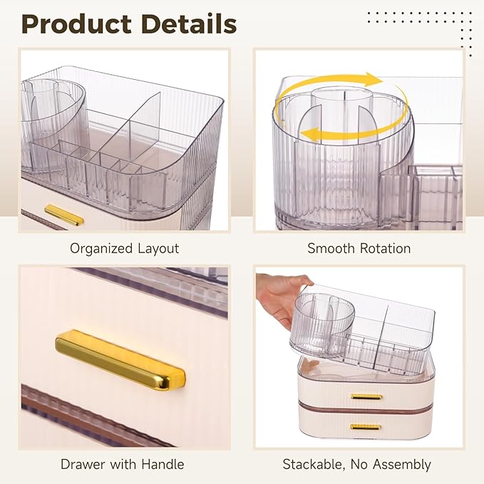 Makeup Organizer, 3 Tiers With Drawers, 360° Rotating Brush Holder, Large Capacity Cosmetic Storage With Clear Top Slots, For Skincare Perfume Lipstick Jewelry