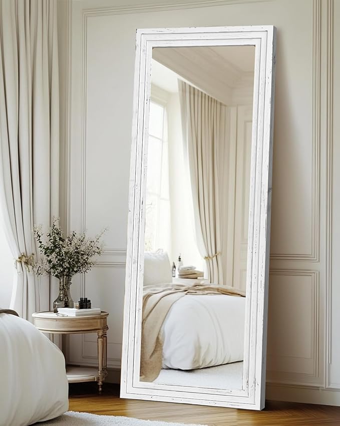 Full Length Mirror 65"x22" with Stand Solid Wood Frame Floor Large Mirror for Living Room, Bedroom Hanging Standing or Leaning Wall-Mounted, White