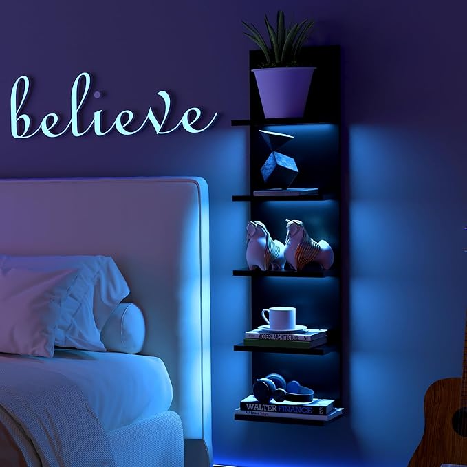 VIWODS 5-Tier Wall Shelf Unit with RGB Light, Floating Lack Shelf for Storage, Wall Mounted Vertical Display Shelf for Bedroom Living Room Vanity, Black