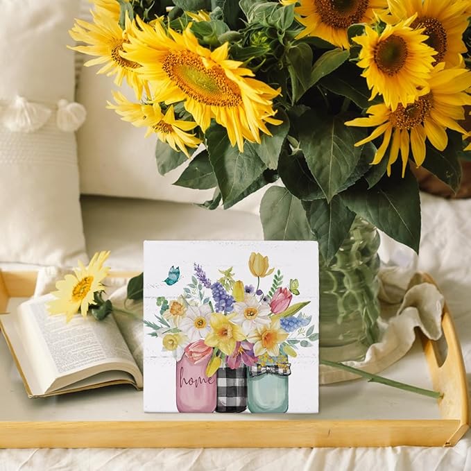 Spring Summer Floral Decor, Home Wooden Sign, Colorful Tulip Flower Decor Wooden Box Sign Decoration for Farmhouse Shelf Table Decoration,Vase with Flowers Prints Sign 5x5