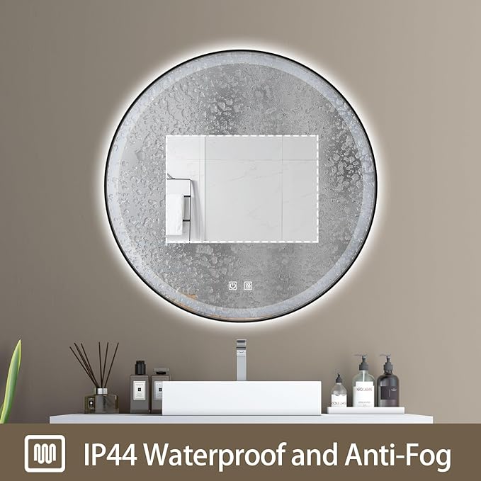 Itrue 36 Inch LED Bathroom Round Mirror, Black Metal Frame, Adjustable Color Temp & Brightness,Anti-Fog,Shatter-Proof Tempered Vanity Mirror for Wall