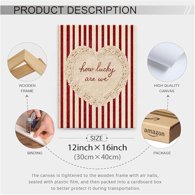 How Lucky Are We Wall Art Red Stripe Affirmation Quotes Poster Coquette Love Lace Heart Canvas Print Fashion Preppy Aesthetic Wall Decor Valentines Day Couple Gift 12X16 inch Wood Framed