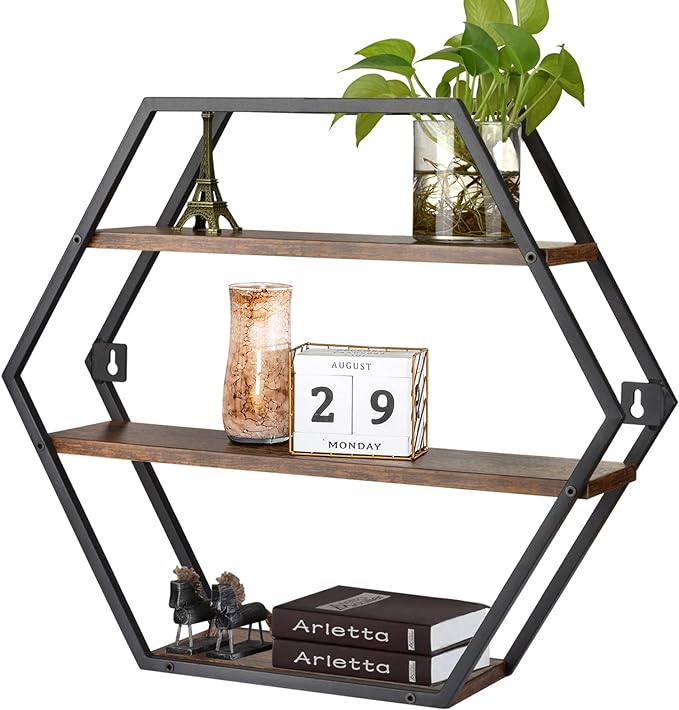 Hexagon Shelves for Wall, Hexagon Floating Shelves, Decorative Geometric Shelf for Wall Decor, Farmhouse Style Shelves for Bathroom Living Room, Rustic Brown Black