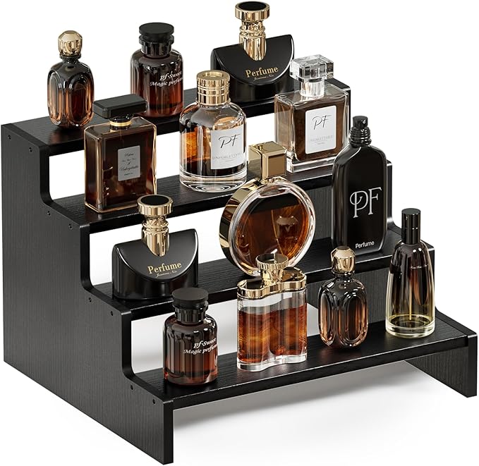 ProCase Wooden Cologne Organizer for Men, 4 Tier Perfume Organizer, Mens Cologne Stand Holder Storage, Display Riser Shelf Rack for Fragrances Candles Cosmetics Cupcake Figure Spice -Black