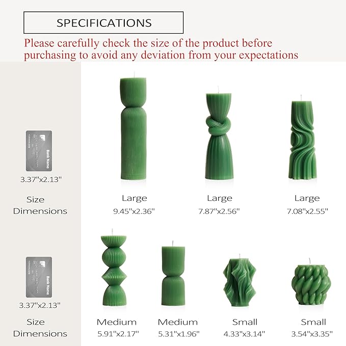 7-Pack Pillar Candles - Soy Wax Handmade Ribbed Candles for Home Decor, Housewarming Gift, Shelf & Table Decor - Aesthetic Modern Candles Set (Green)