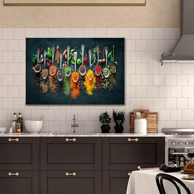 Framed Large Kitchen Wall art Pictures Decor Couful Spice in Spoon Vintage Canvas Wall Art Food Photos Painting On Canvas Home Decoration Gift Ready to Hang 24x36inch