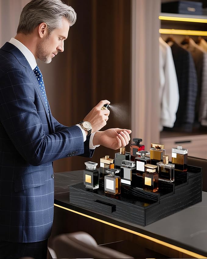 Solid Walnut Cologne Organizer for Men,Cologne Stand,4 Tier Wooden Cologne Holder Shelf Display,Perfume Stand Organizer with Drawer and Hidden Compartment,Gift for Men Dad Husband,Black