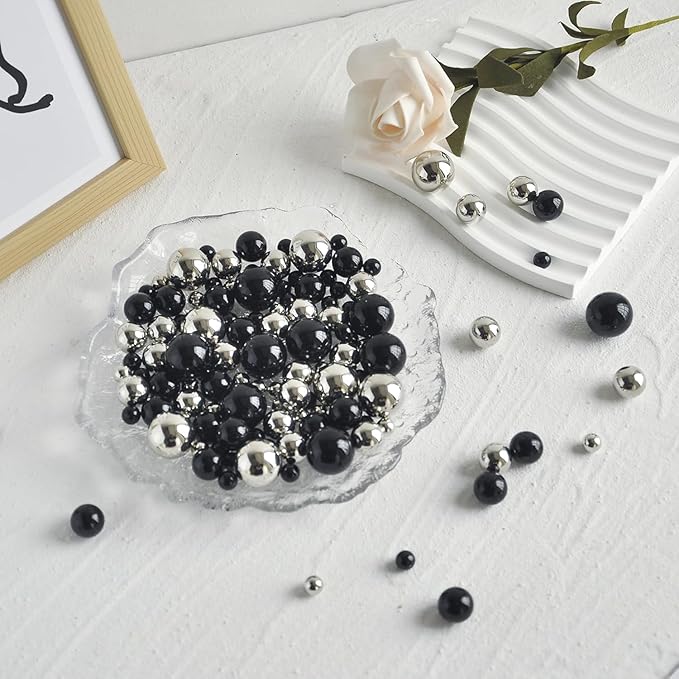1400Pcs Black and Bright Silver Vase Filler Pearl Beads for Crafting 8mm Beads No Holes Decor Suitable for Wedding Decor, Party Decorations, Centerpiece Table Decorations