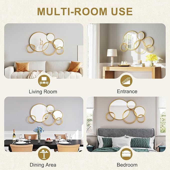 Wall Mirror Decor 35'' x 21'' Round Modern Mirror Art Metal Wall Mirrors Set for Living Room Circle Plates Overlapping Decorations for Hallway Entryway