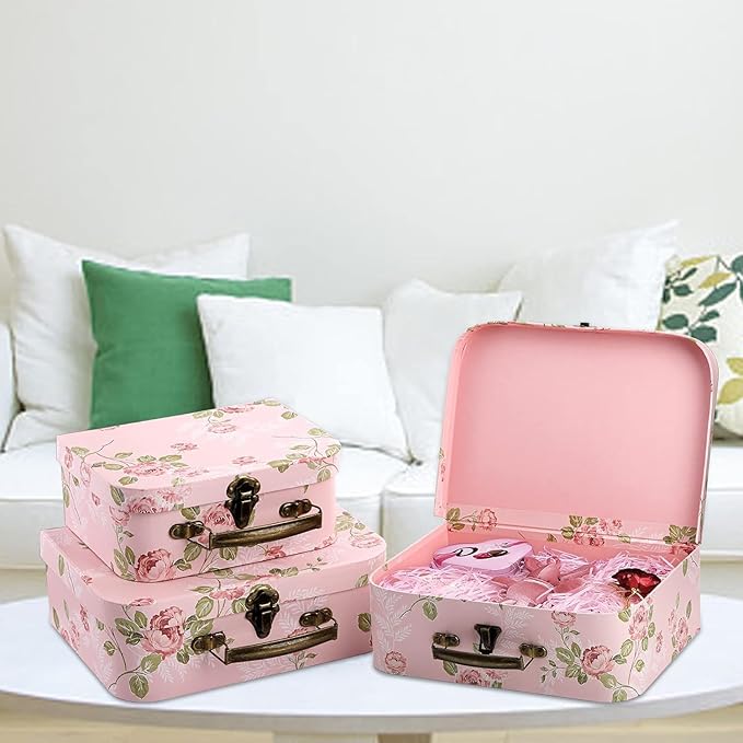 Fasmov 3 Pack Paperboard Suitcases Storage Box Decorative Storage Boxes Gift Boxes With Lids for Photo Storage Home Decoration, Wedding, Birthday, Anniversary, Pink