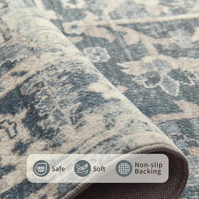 Rugxara 10x14 Area Rugs for Living Room Bedroom, Large Washable Rug, Blue Vintage Retro Boho Rug, Non Slip & Low Pile Faux Wool Thin Carpet for Indoor Dining Room and Kids Room(Blue 10x14ft)