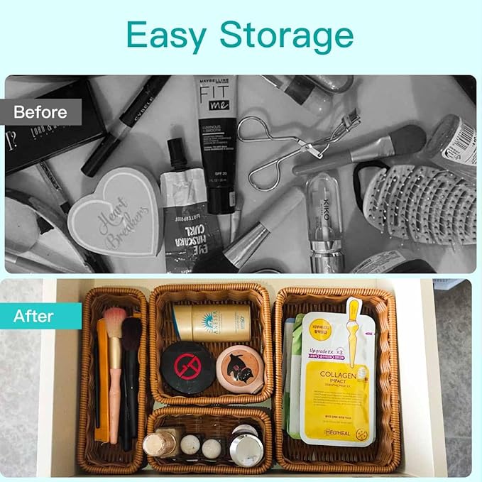 Drawer Organizers- Plastic Rattan Storage Trays for Bedroom, Bathroom, Kitchen, Office, Handwoven organizer, Waterproof and Easy Clean, 1 Set, Natural Color