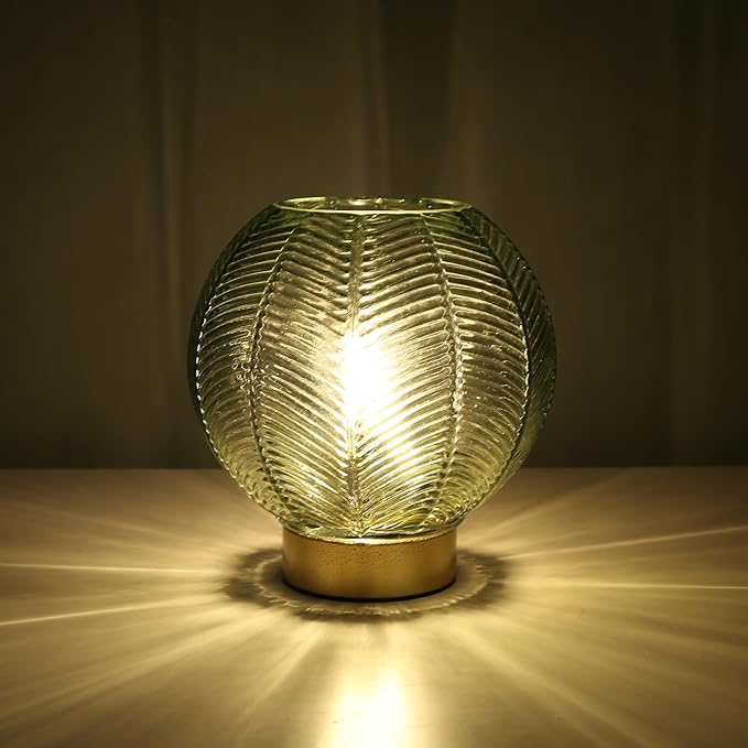 LUSHARBOR Battery Operated Lamp with Timer, Decorative Green Glass Table Lamp Cordless, Small Ambient Lamp for Bedside Bedroom Living Room Decor -Green