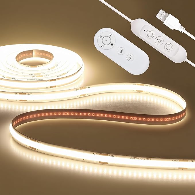 ALITOVE LED Strip Lights 5V USB 6.56FT 640LEDs 4000K Ultra Bright Dimmable White COB LED Light Strip with Remote Flexible LED Tape Lights for Mirror Desk Cabinet Kitchen Shelf TV Bedroom DIY Lighting