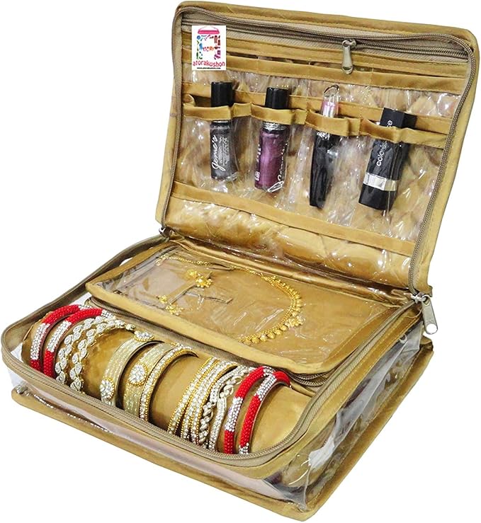 atorakushon Jewelry Travel Organizer Case Transparent Storage Zipper Locker Box Pouch for Necklaces Earrings Rings Bracelets Golden