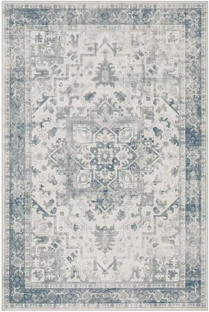 Rugxara 10x14 Extra Large Washable Area Rug, Soft Neutral Vintage Boho Rug for Living Room, Bedroom, Office, Farmhouse, Low Pile Imitation Wool Non Slip Carpet Ideal for High-Traffic Areas, Blue Grey