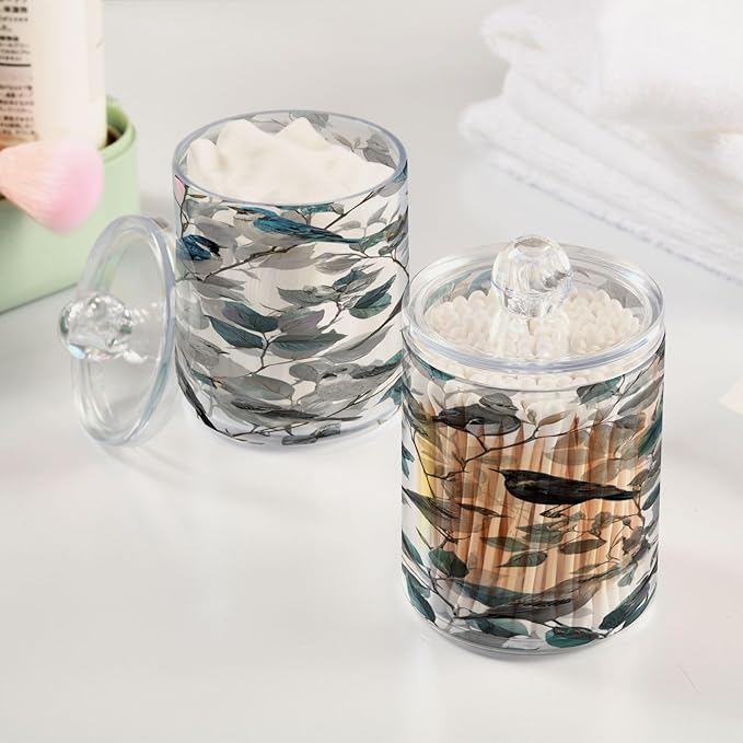 2 Pack Apothecary Jars Blue Birds Branch Design Bathroom Vanity Storage Organizer Set,Small Clear Plastic Storage Jars Bathroom Canister for Cotton Swabs, Rounds, Balls, Qtips,Makeup Sponges, F
