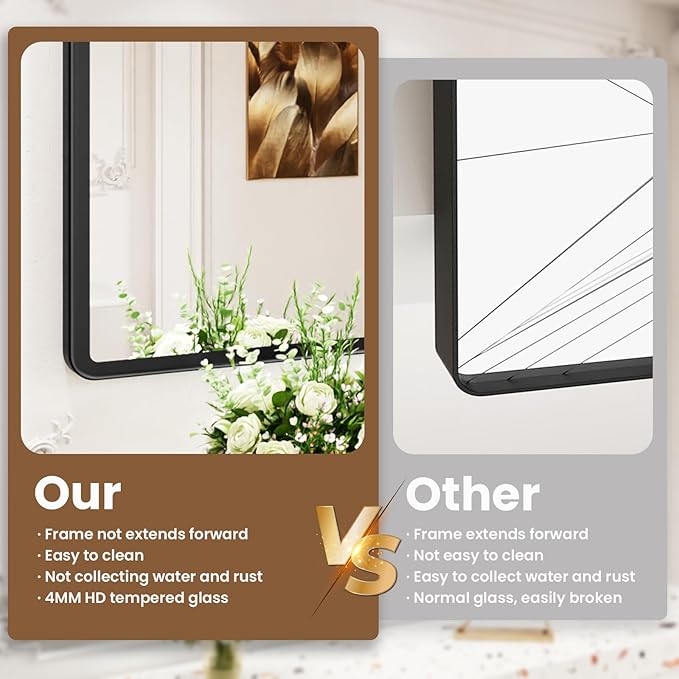 pertetey New Upgrade Bathroom Mirror, 48X30 Inch Black Metal Frame Wall Mounted Rounded Rectangle Bathroom Vanity Mirror with Tempered Glass for Washroom Bedroom Living Room