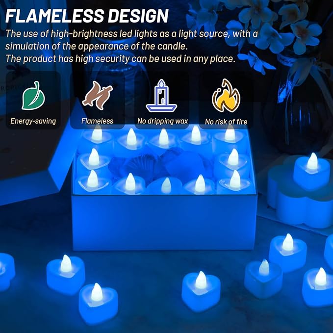 cridoz Blue Rose Petals for Romantic Night for him Set, 2000 Pieces Artificial Rose Petals with 24 Pieces Flameless LED Candles for Decoration Wedding Party Valentine's Day(Blue)