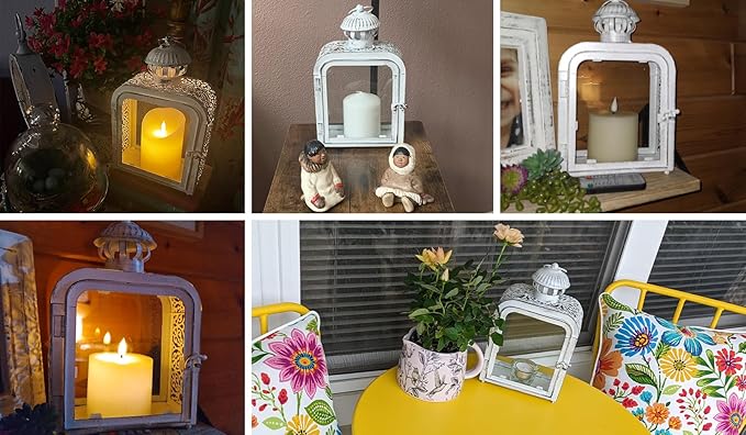 DECORKEY Candle Lantern Decorative Indoor & Outdoor, Vintage Metal Lanterns with Clear Glass, Tabletop&Hanging Candle Holders for Patio Front Porch Home Decor, Halloween Christmas Decorations (White)