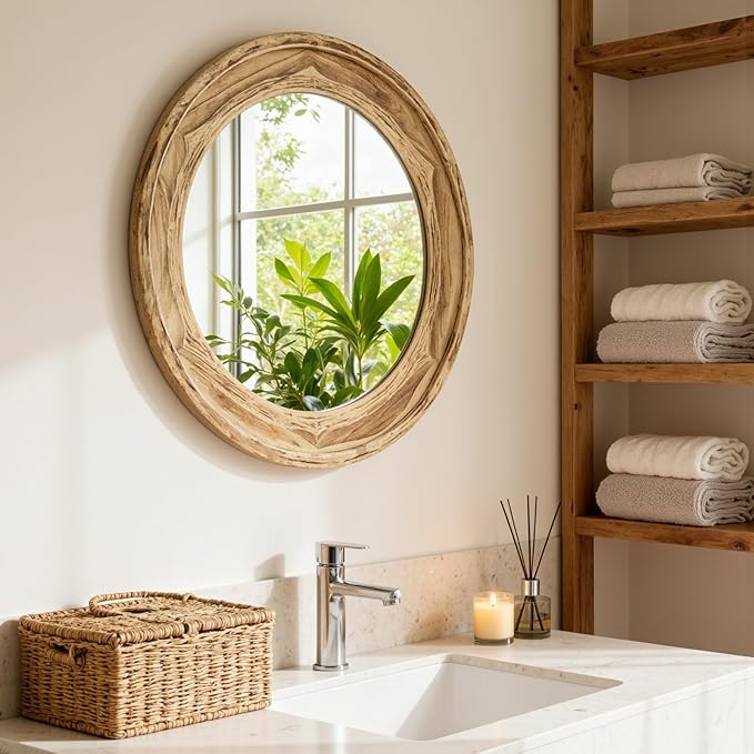 sawsile Round Wood Mirror 24" Natural Circle Wooden Nursery Farmhouse Rustic Decorative Large Wall Mirror for Bathroom,Living Room, Fireplace,Hallway