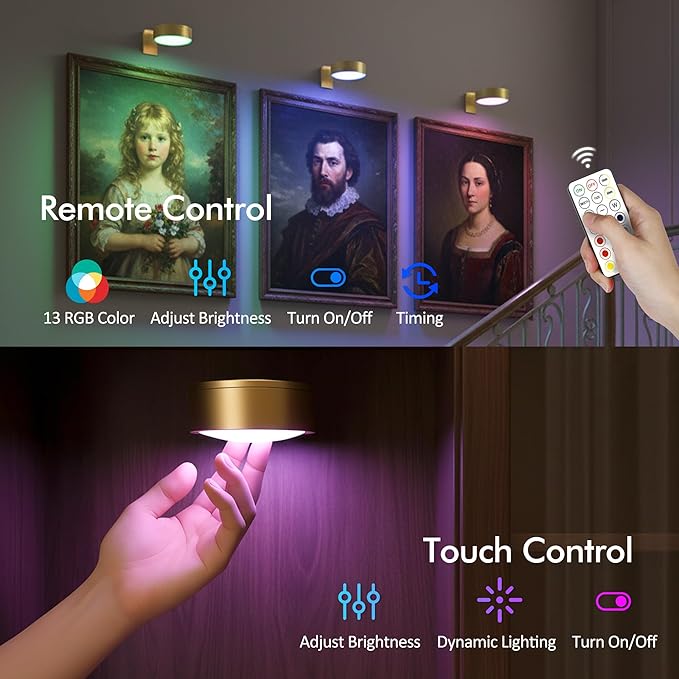 3-Pack Picture Lights for Wall, 13 RGB Color Changing Led Art Display Light with Rechargeable Battery Operated, Magnetic Painting Light with Remote Control, Wireless Home Wall Decorative Lighting